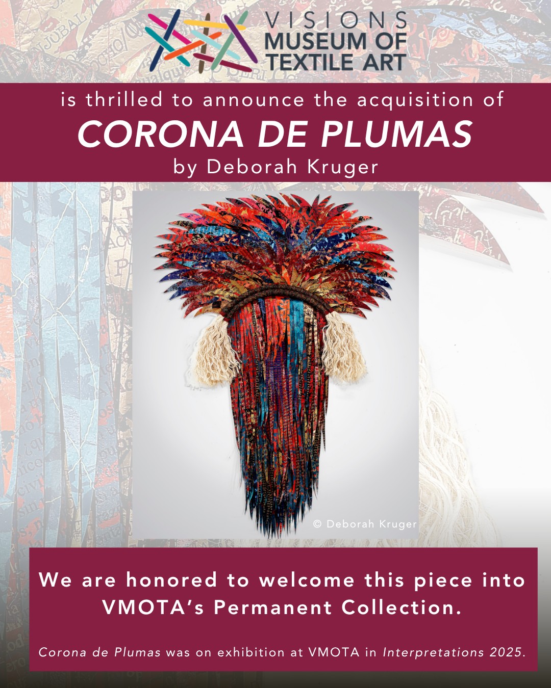 "Corona de Plumas" is built in layers. Wrapped sticks have appeared in Deborah's work for many years and in this piece, they define the center. Long tail feathers cascade down the center of the piece. The feathers are all made from recycled plastic, hand screen printed with images of endangered birds and overprinted with text in endangered languages as well as excerpts of Rachel Carson's Silent Spring which inspired Kruger to become an environmental artist.
VMOTA's Permanent Collection serves as a reflection of our values, an opportunity to foster connections between past and present, and as a resource for understanding history, art, and culture. We are honored to welcome this piece into our collection through the generosity of an anonymous benefactor.
We are happy to share that "Corona de Plumas" by @deborahkrugerstudios will be on display on August 7th from 5-7:30pm in conjunction with @artsdistrictlibertystation First Friday.