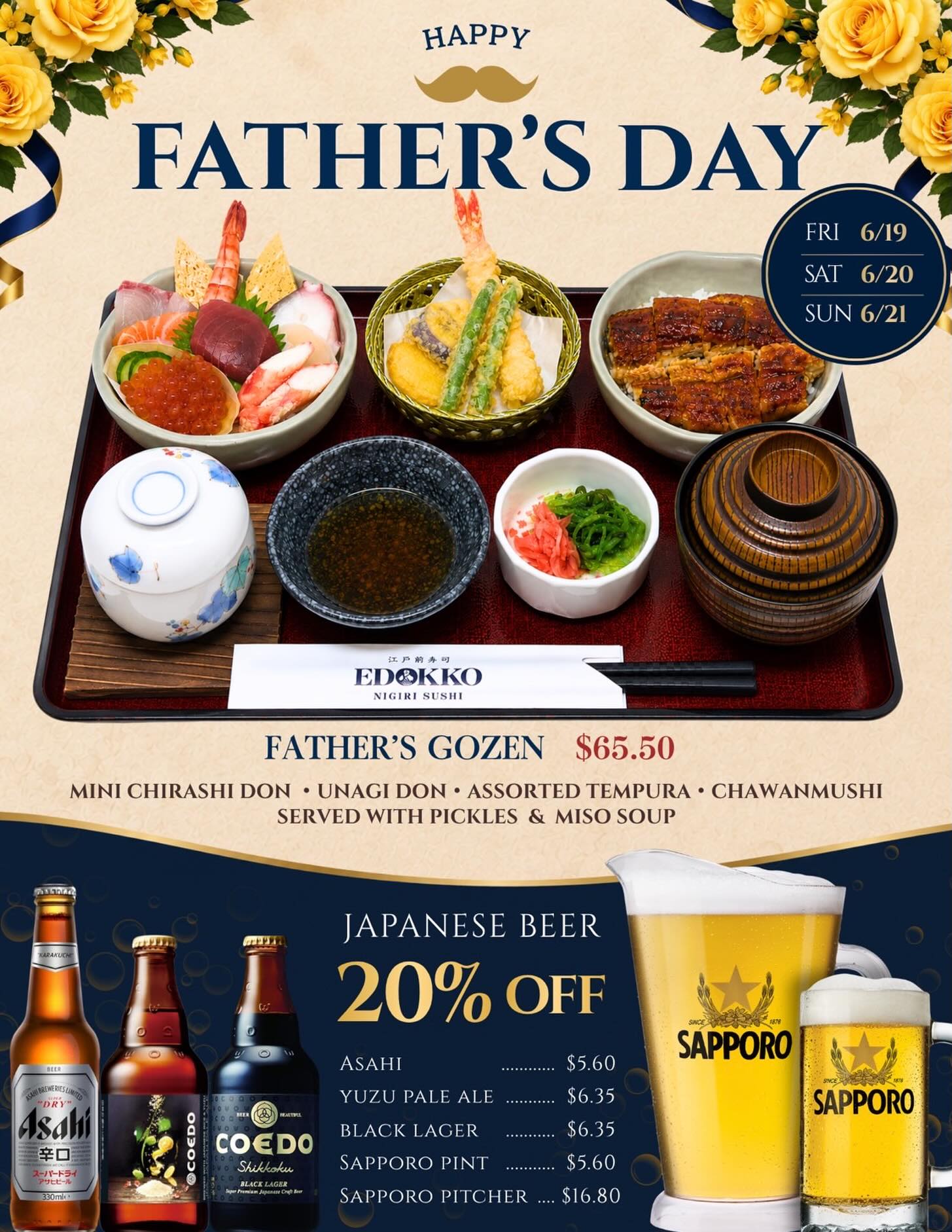 ・
👨🏻 To all the amazing dads, Happy Father’s Day! 👨🏻
Join us for our special Father’s Day Gozen and enjoy a relaxing meal with your loved ones.
🍺 Japanese Beer 20% OFF
📅 June 19–21
Thank you for everything, Dad. ❤️