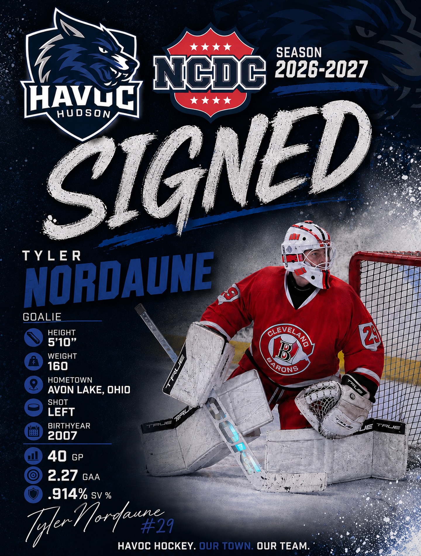 🚨SIGNED🚨The Hudson Havoc are excited to announce the signing of goaltender Tyler Nordaune for the 2026–27 season!Tyler is a technically sound goaltender who competes relentlessly and gives his team a chance to win every night. His athleticism, composure, and dedication to his development make him an exciting addition to our program. We’re confident he’ll continue to elevate his game while playing an important role for the Havoc this season.Welcome to the Havoc, Tyler! We can’t wait to get you to Hudson. 🔥🥅#UnleashTheHavoc #HudsonHavoc #NCDC #Goalie #PlayerSigning