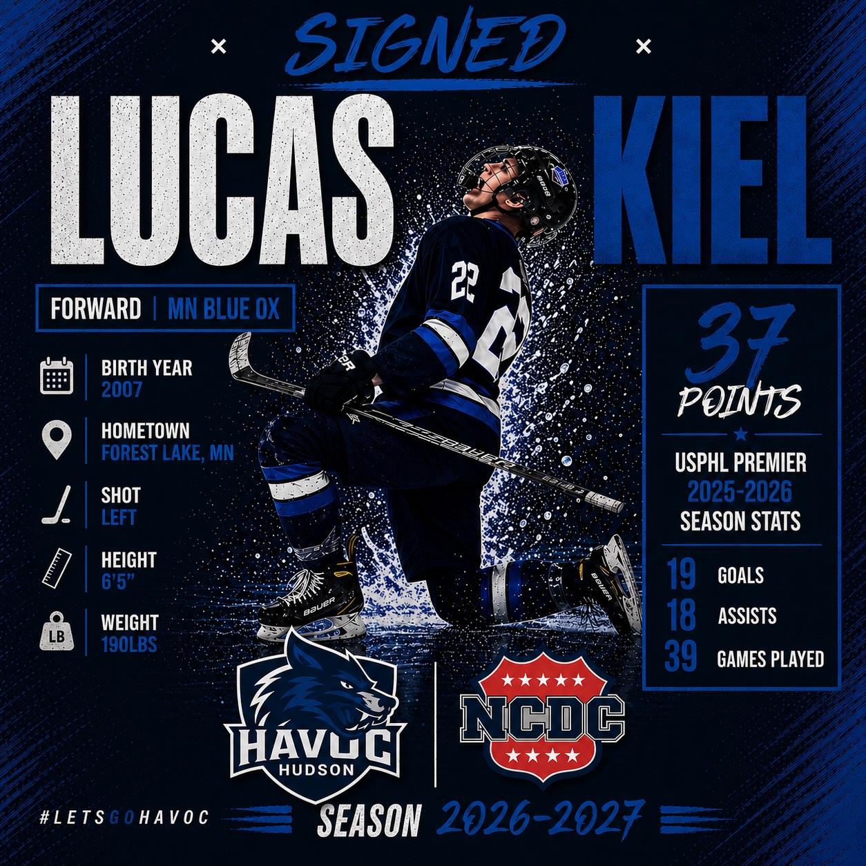🚨 🚨 OFFICIALLY SIGNED 🚨From tendered to signed. ✍️The Hudson Havoc are excited to officially welcome Lucas Kiel to the organization for the 2026–27 NCDC season.At 6’5”, Lucas is a rare combination of size, athleticism, and coordination. He has the ability to impact the game in every situation—whether it’s finishing plays, playing a physical brand of hockey, or adapting to whatever style the game demands. His versatility and presence make him the type of player opponents have to account for every time he steps on the ice.We believed in Lucas from the very beginning, and we’re excited to see what the future holds as he officially joins the Havoc.– Head Coach Russell Barone