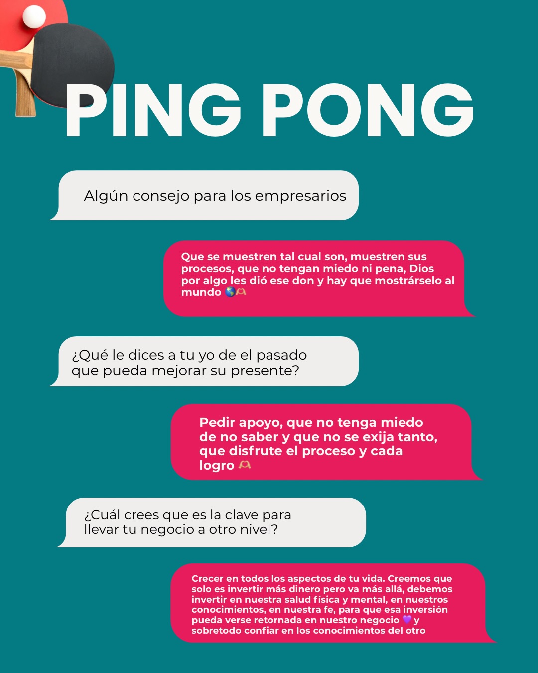 Ping Pong Emprendedor🏓
En esta entrega de nuestro Ping Pong, conversamos con María Eugenia de @mecommunity_ sobre qué hace única a su agencia y los pilares fundamentales para el éxito empresarial. Descubre por qué la humanización es la clave para conectar con tu audiencia y por qué invertir en ti mismo (en salud, fe y conocimientos) es la mejor inversión para tu negocio. Además, ¡no te pierdas sus súper descuentos especiales! Desliza 👉🏼 y toma nota.
Sigue a @mecommunity_ y eleva tu marca al siguiente nivel 📈✨ Guarda este carrusel para cuando necesites inspiración 📌